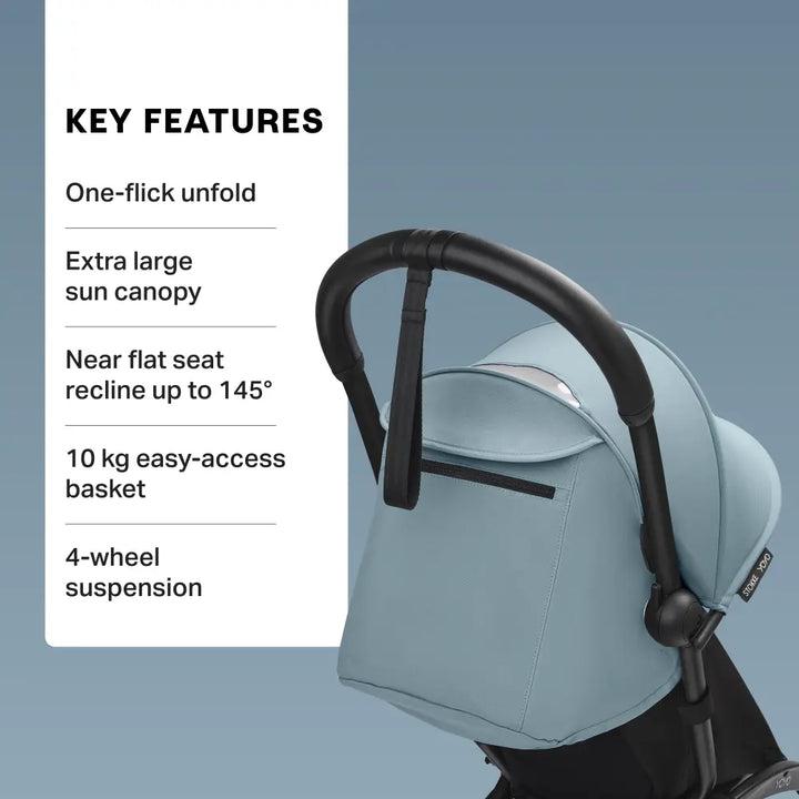 Stokke YOYO3 Stroller | Lightweight Compact Travel Stroller for Babies | Cabin Friendly &amp; Foldable | UPF 50+ Sun Protection | 5 Point Safety Harness | Award Winning Design | YOYO Stroller India | 6 Months to 4 Years - Black/Aqua
