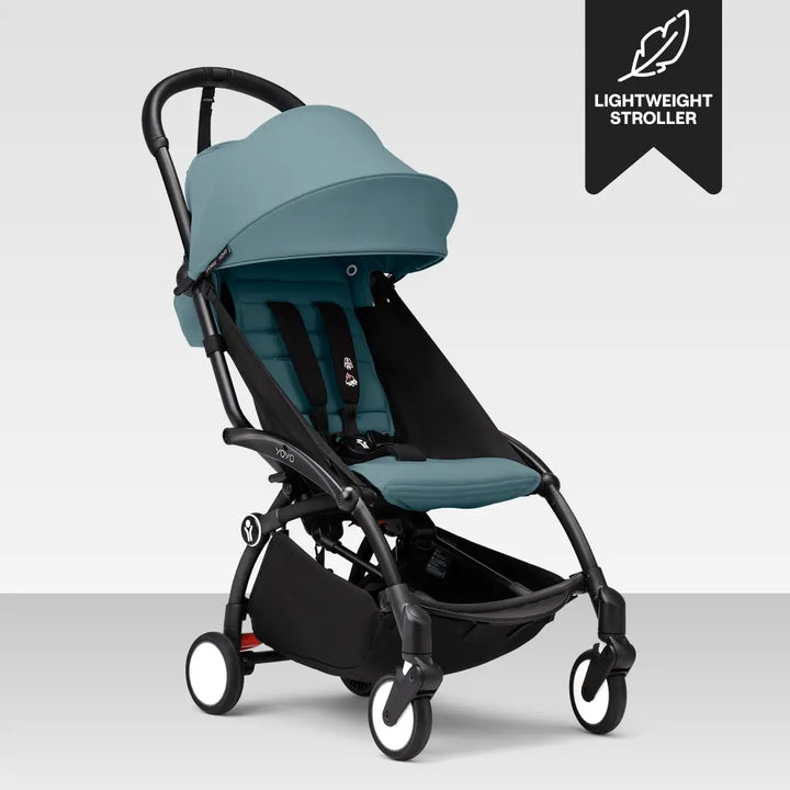 Stokke YOYO3 Stroller | Lightweight Compact Travel Stroller for Babies | Cabin Friendly &amp; Foldable | UPF 50+ Sun Protection | 5 Point Safety Harness | Award Winning Design | YOYO Stroller India | 6 Months to 4 Years - Black/Aqua
