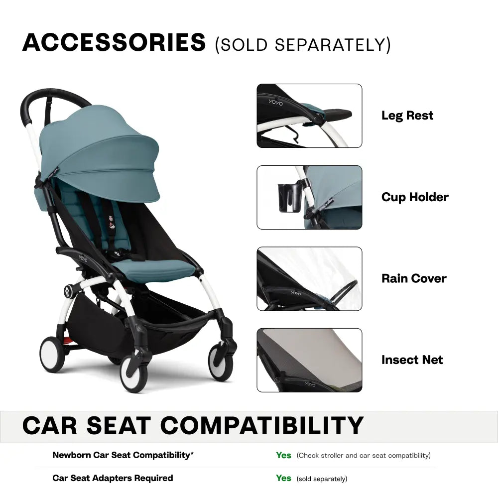 Stokke YOYO3 Stroller | Lightweight Compact Travel Stroller for Babies | Cabin Friendly &amp; Foldable | UPF 50+ Sun Protection | 5 Point Safety Harness | Award Winning Design | YOYO Stroller India | 6 Months to 4 Years – White/Aqua