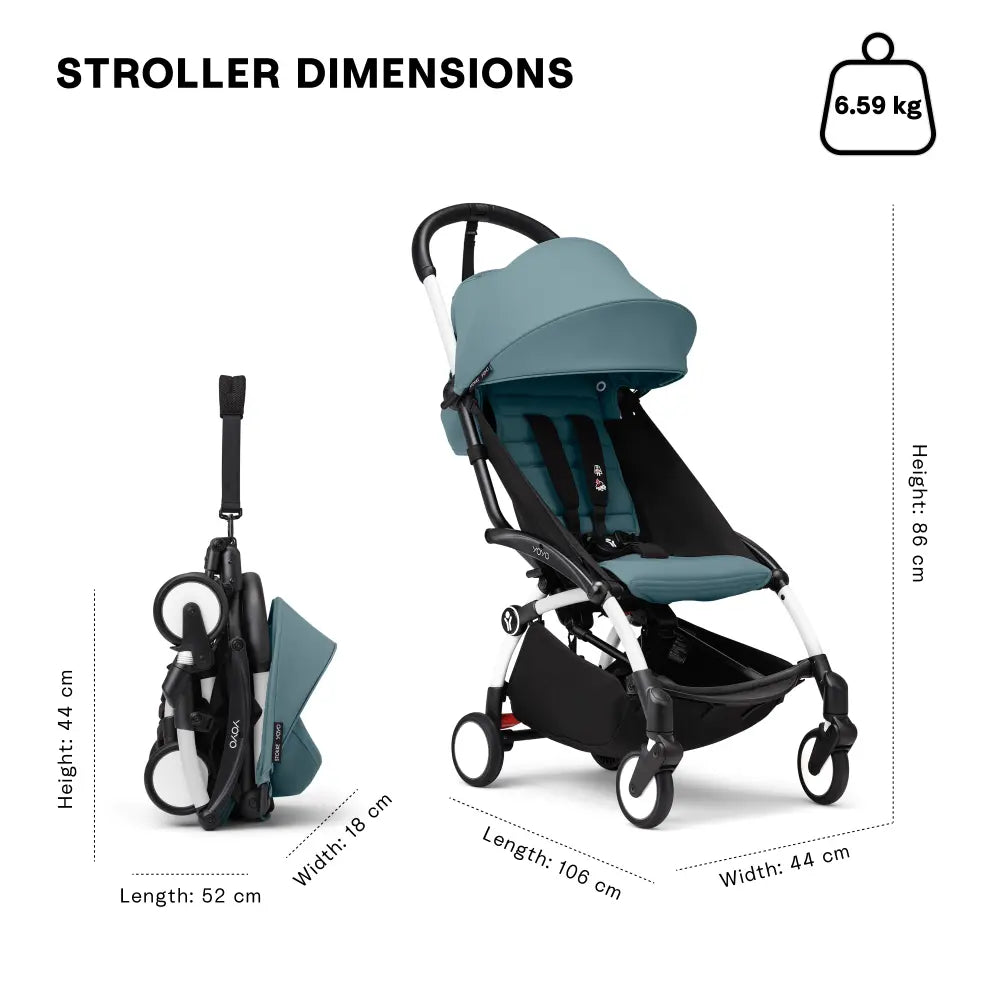 Stokke YOYO3 Stroller | Lightweight Compact Travel Stroller for Babies | Cabin Friendly &amp; Foldable | UPF 50+ Sun Protection | 5 Point Safety Harness | Award Winning Design | YOYO Stroller India | 6 Months to 4 Years – White/Aqua