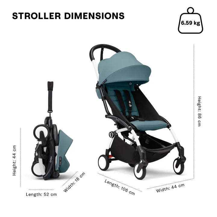 Stokke YOYO3 Stroller | Lightweight Compact Travel Stroller for Babies | Cabin Friendly &amp; Foldable | UPF 50+ Sun Protection | 5 Point Safety Harness | Award Winning Design | YOYO Stroller India | 6 Months to 4 Years – White/Aqua