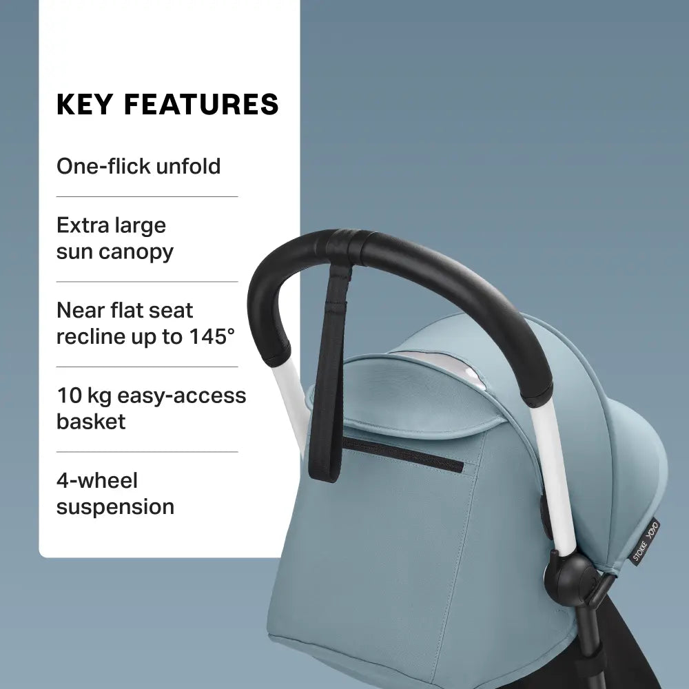 Stokke YOYO3 Stroller | Lightweight Compact Travel Stroller for Babies | Cabin Friendly &amp; Foldable | UPF 50+ Sun Protection | 5 Point Safety Harness | Award Winning Design | YOYO Stroller India | 6 Months to 4 Years – White/Aqua