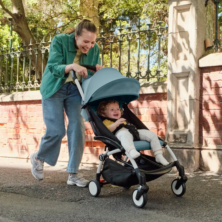 Stokke YOYO3 Stroller | Lightweight Compact Travel Stroller for Babies | Cabin Friendly &amp; Foldable | UPF 50+ Sun Protection | 5 Point Safety Harness | Award Winning Design | YOYO Stroller India | 6 Months to 4 Years – White/Aqua