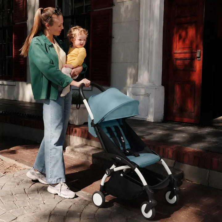 Stokke YOYO3 Stroller | Lightweight Compact Travel Stroller for Babies | Cabin Friendly &amp; Foldable | UPF 50+ Sun Protection | 5 Point Safety Harness | Award Winning Design | YOYO Stroller India | 6 Months to 4 Years – White/Aqua