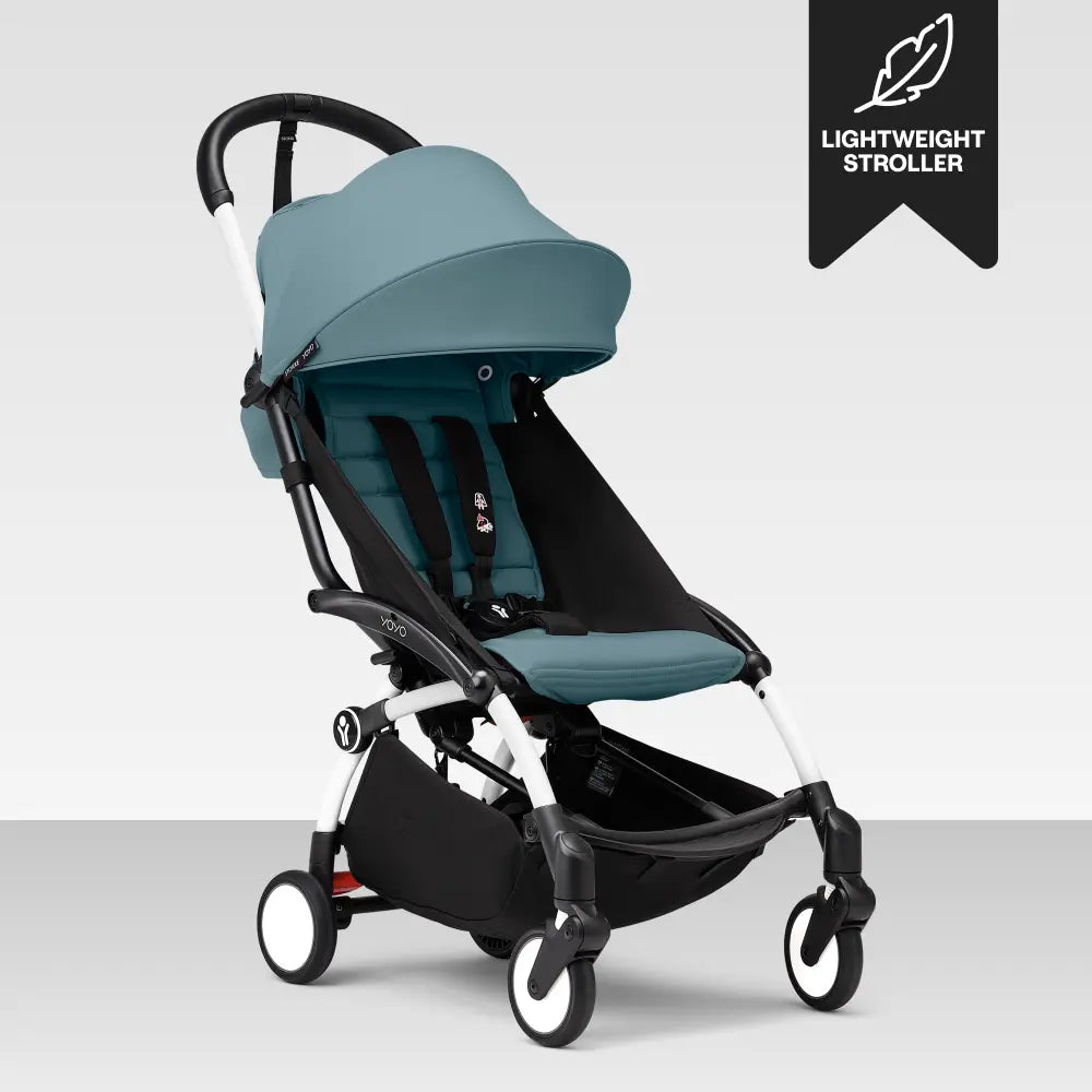 Stokke YOYO3 Stroller | Lightweight Compact Travel Stroller for Babies | Cabin Friendly &amp; Foldable | UPF 50+ Sun Protection | 5 Point Safety Harness | Award Winning Design | YOYO Stroller India | 6 Months to 4 Years – White/Aqua