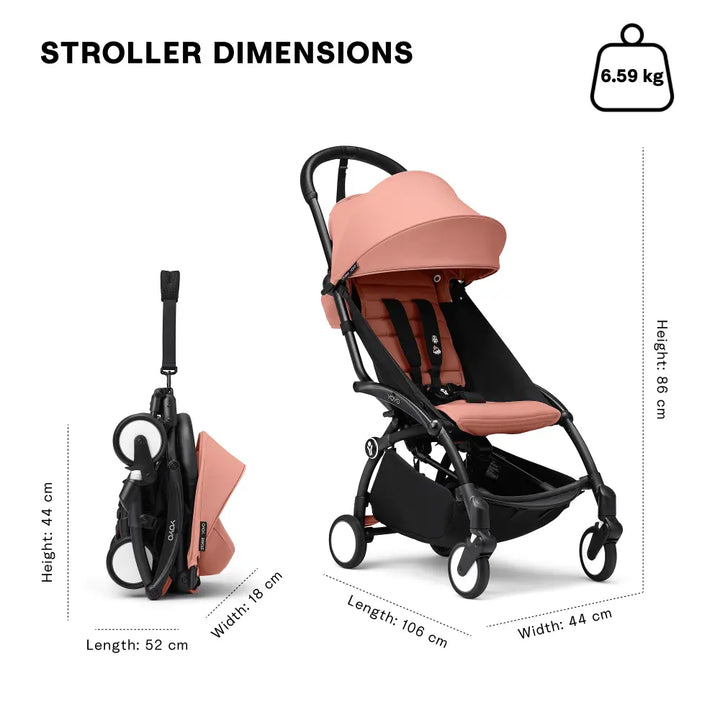 Stokke YOYO3 Stroller | Lightweight Compact Travel Stroller for Babies | Cabin Friendly &amp; Foldable | UPF 50+ Sun Protection | 5 Point Safety Harness | Award Winning Design | YOYO Stroller India | 6 Months to 4 Years - Black/Ginger