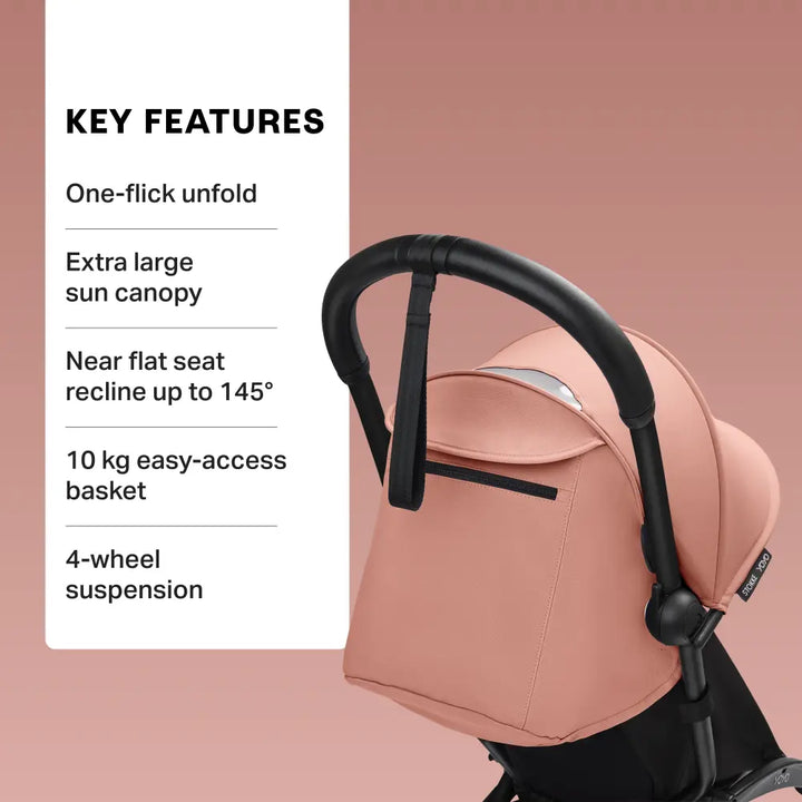 Stokke YOYO3 Stroller | Lightweight Compact Travel Stroller for Babies | Cabin Friendly &amp; Foldable | UPF 50+ Sun Protection | 5 Point Safety Harness | Award Winning Design | YOYO Stroller India | 6 Months to 4 Years - Black/Ginger