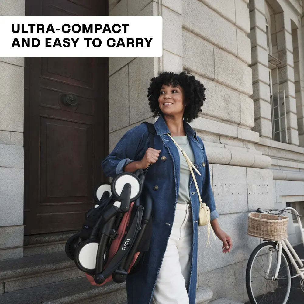 Stokke YOYO3 Stroller | Lightweight Compact Travel Stroller for Babies | Cabin Friendly &amp; Foldable | UPF 50+ Sun Protection | 5 Point Safety Harness | Award Winning Design | YOYO Stroller India | 6 Months to 4 Years - Black/Ginger