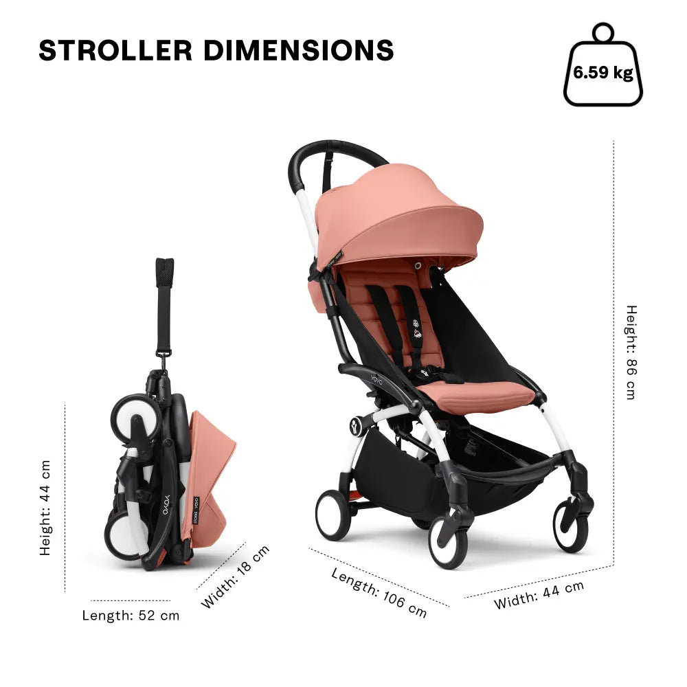 Stokke YOYO3 Stroller | Lightweight Compact Travel Stroller for Babies | Cabin Friendly &amp; Foldable | UPF 50+ Sun Protection | 5 Point Safety Harness | Award Winning Design | YOYO Stroller India | 6 Months to 4 Years – White/Ginger