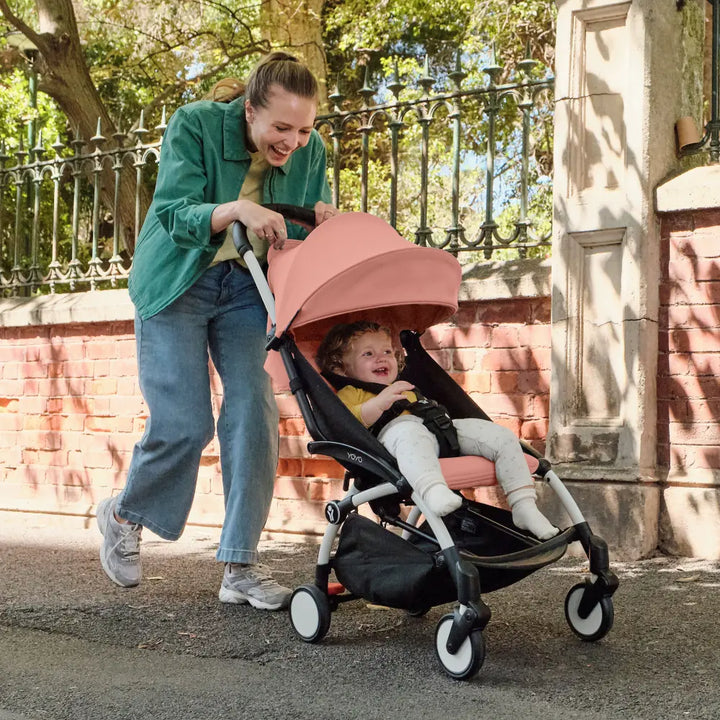 Stokke YOYO3 Stroller | Lightweight Compact Travel Stroller for Babies | Cabin Friendly &amp; Foldable | UPF 50+ Sun Protection | 5 Point Safety Harness | Award Winning Design | YOYO Stroller India | 6 Months to 4 Years – White/Ginger