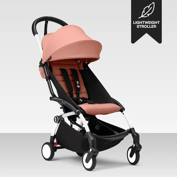 Stokke YOYO3 Stroller | Lightweight Compact Travel Stroller for Babies | Cabin Friendly &amp; Foldable | UPF 50+ Sun Protection | 5 Point Safety Harness | Award Winning Design | YOYO Stroller India | 6 Months to 4 Years – White/Ginger