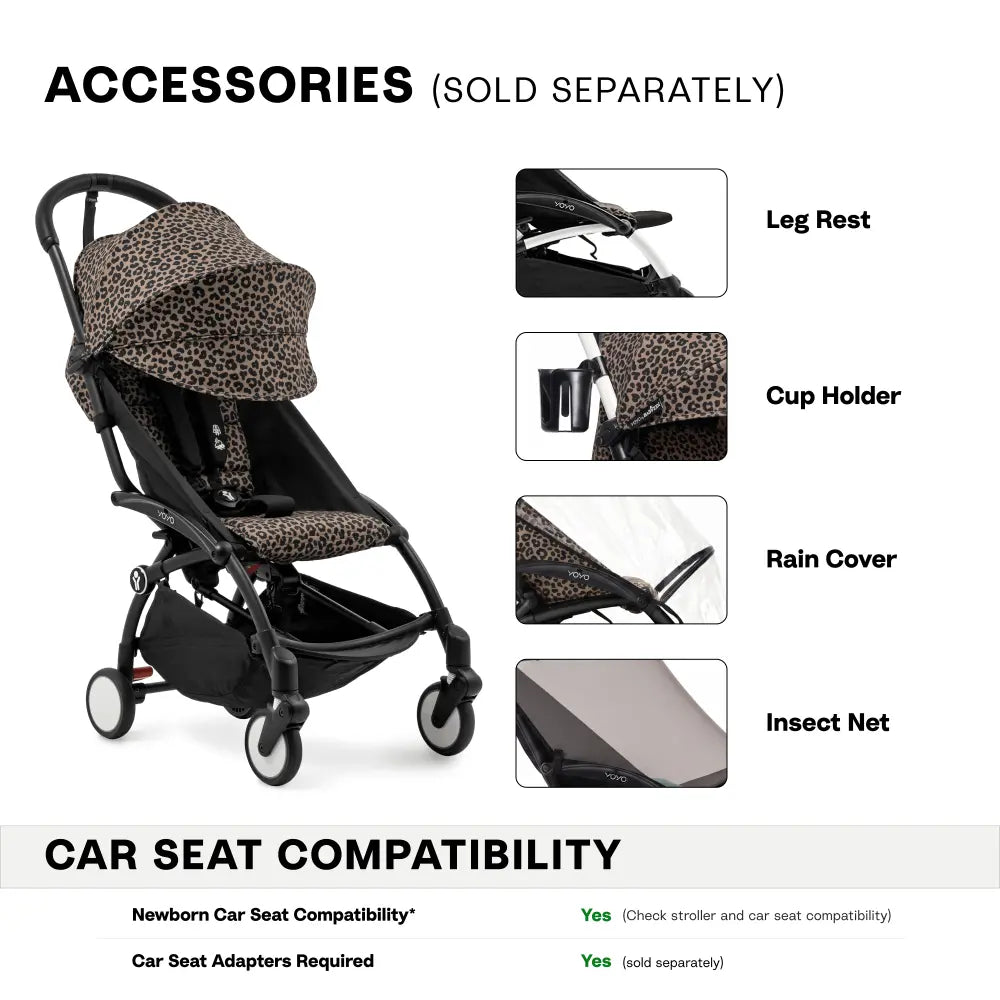 Stokke YOYO3 Stroller | Lightweight Compact Travel Stroller for Babies | Cabin Friendly &amp; Foldable | UPF 50+ Sun Protection | 5 Point Safety Harness | Award Winning Design | YOYO Stroller India | 6 Months to 4 Years - Black/Leopard