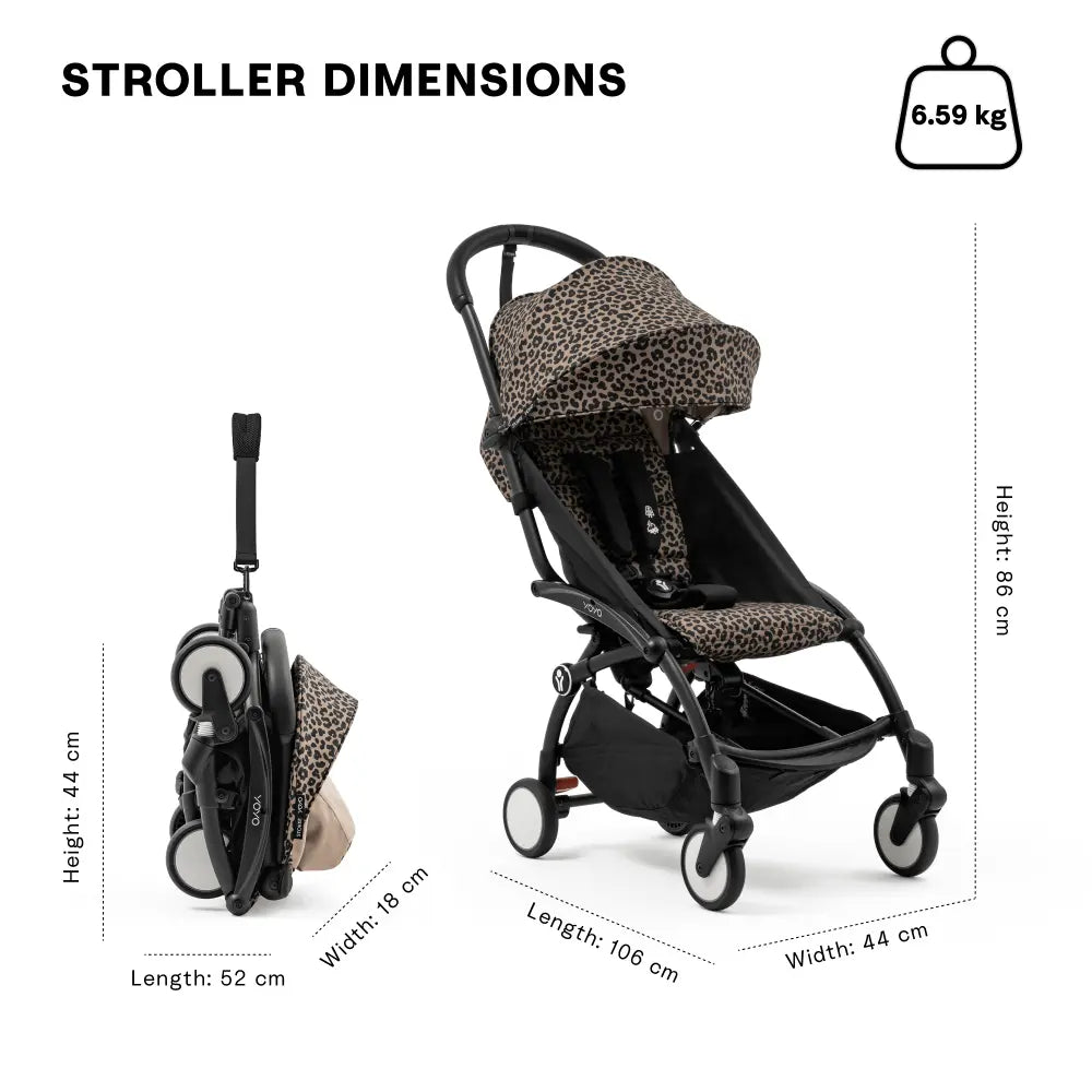 Stokke YOYO3 Stroller | Lightweight Compact Travel Stroller for Babies | Cabin Friendly &amp; Foldable | UPF 50+ Sun Protection | 5 Point Safety Harness | Award Winning Design | YOYO Stroller India | 6 Months to 4 Years - Black/Leopard