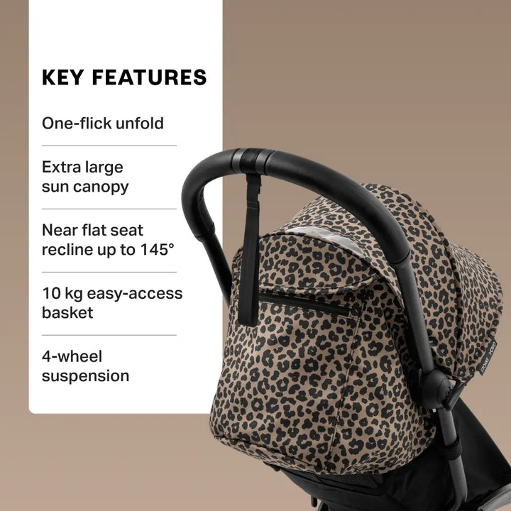 Stokke YOYO3 Stroller | Lightweight Compact Travel Stroller for Babies | Cabin Friendly &amp; Foldable | UPF 50+ Sun Protection | 5 Point Safety Harness | Award Winning Design | YOYO Stroller India | 6 Months to 4 Years - Black/Leopard