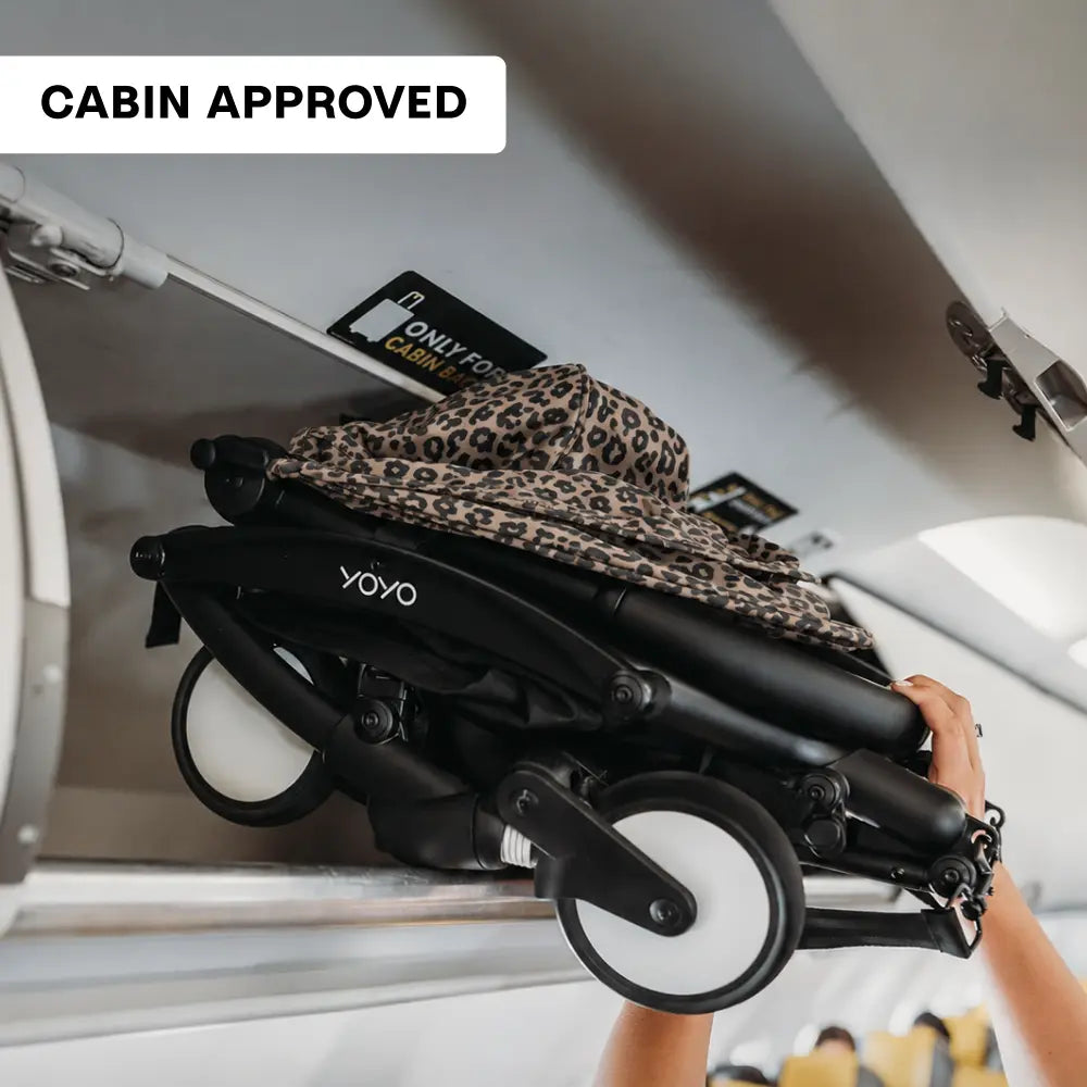 Stokke YOYO3 Stroller | Lightweight Compact Travel Stroller for Babies | Cabin Friendly &amp; Foldable | UPF 50+ Sun Protection | 5 Point Safety Harness | Award Winning Design | YOYO Stroller India | 6 Months to 4 Years - Black/Leopard