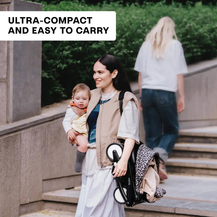 Stokke YOYO3 Stroller | Lightweight Compact Travel Stroller for Babies | Cabin Friendly &amp; Foldable | UPF 50+ Sun Protection | 5 Point Safety Harness | Award Winning Design | YOYO Stroller India | 6 Months to 4 Years - Black/Leopard
