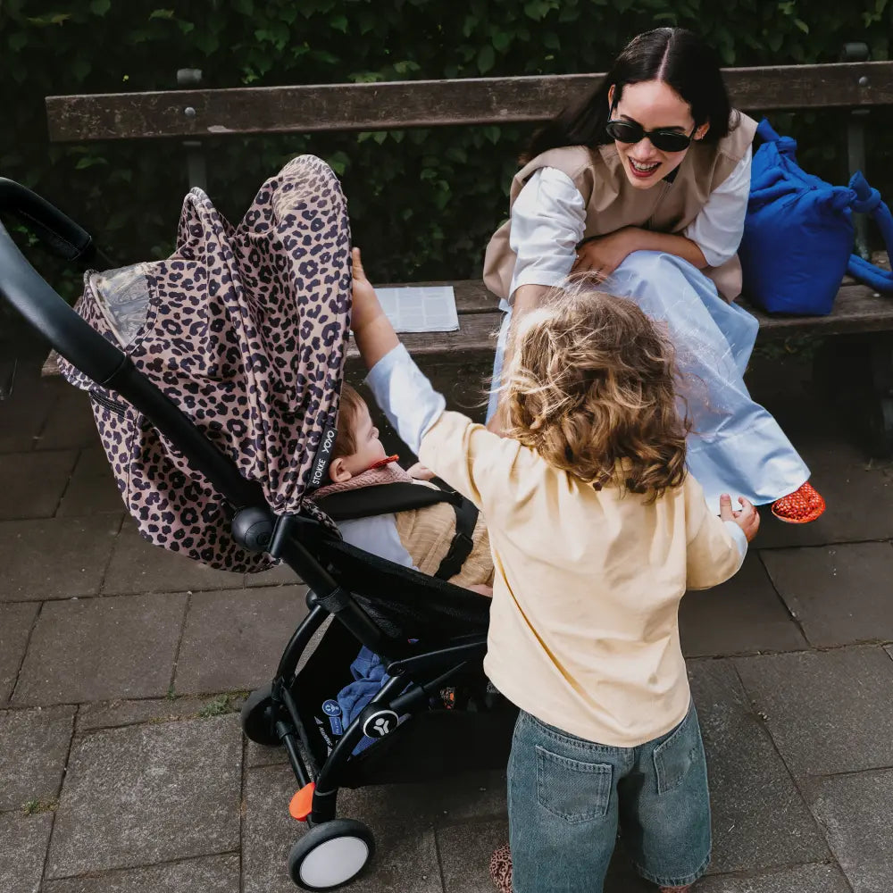 Stokke YOYO3 Stroller | Lightweight Compact Travel Stroller for Babies | Cabin Friendly &amp; Foldable | UPF 50+ Sun Protection | 5 Point Safety Harness | Award Winning Design | YOYO Stroller India | 6 Months to 4 Years - Black/Leopard