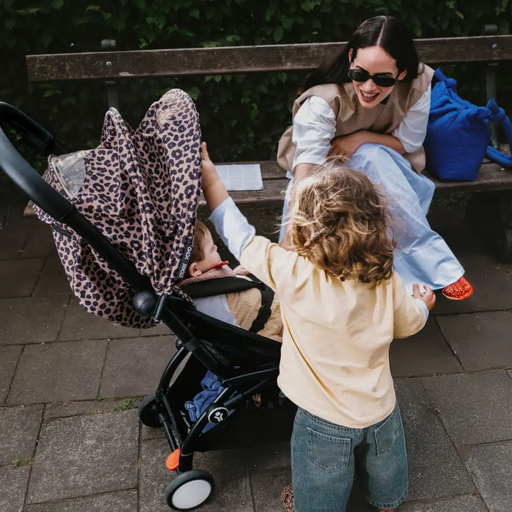 Stokke YOYO3 Stroller | Lightweight Compact Travel Stroller for Babies | Cabin Friendly &amp; Foldable | UPF 50+ Sun Protection | 5 Point Safety Harness | Award Winning Design | YOYO Stroller India | 6 Months to 4 Years - Black/Leopard