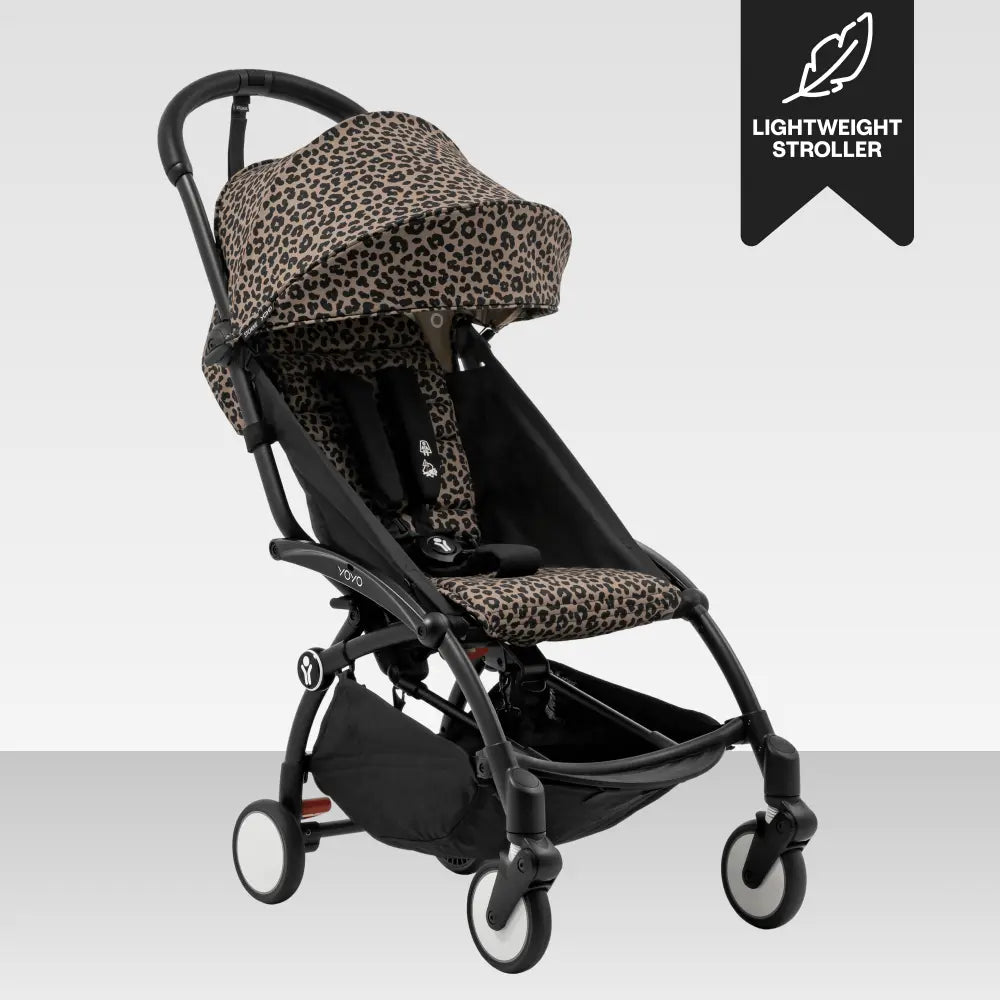 Stokke YOYO3 Stroller | Lightweight Compact Travel Stroller for Babies | Cabin Friendly &amp; Foldable | UPF 50+ Sun Protection | 5 Point Safety Harness | Award Winning Design | YOYO Stroller India | 6 Months to 4 Years - Black/Leopard