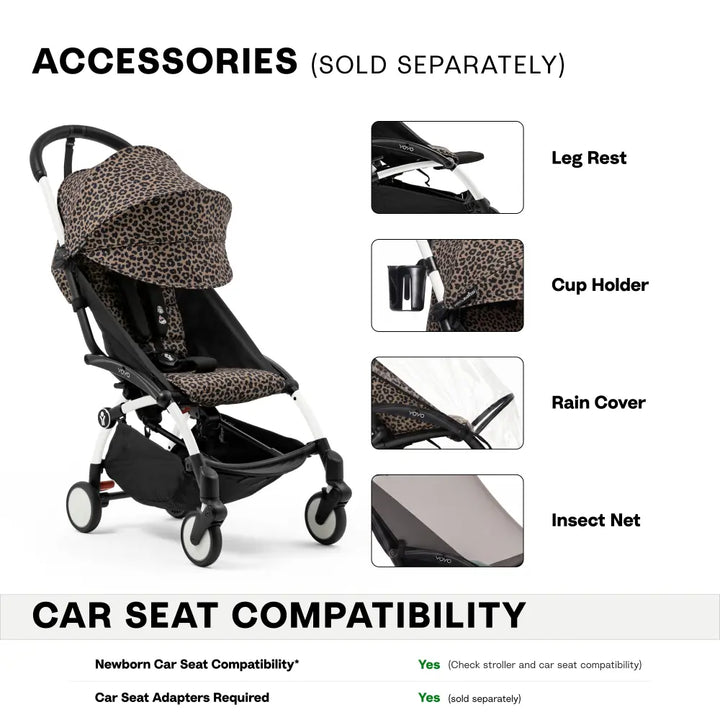 Stokke YOYO3 Stroller | Lightweight Compact Travel Stroller for Babies | Cabin Friendly &amp; Foldable | UPF 50+ Sun Protection | 5 Point Safety Harness | Award Winning Design | YOYO Stroller India | 6 Months to 4 Years – White/Leopard
