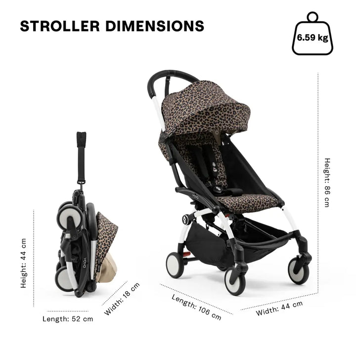 Stokke YOYO3 Stroller | Lightweight Compact Travel Stroller for Babies | Cabin Friendly &amp; Foldable | UPF 50+ Sun Protection | 5 Point Safety Harness | Award Winning Design | YOYO Stroller India | 6 Months to 4 Years – White/Leopard