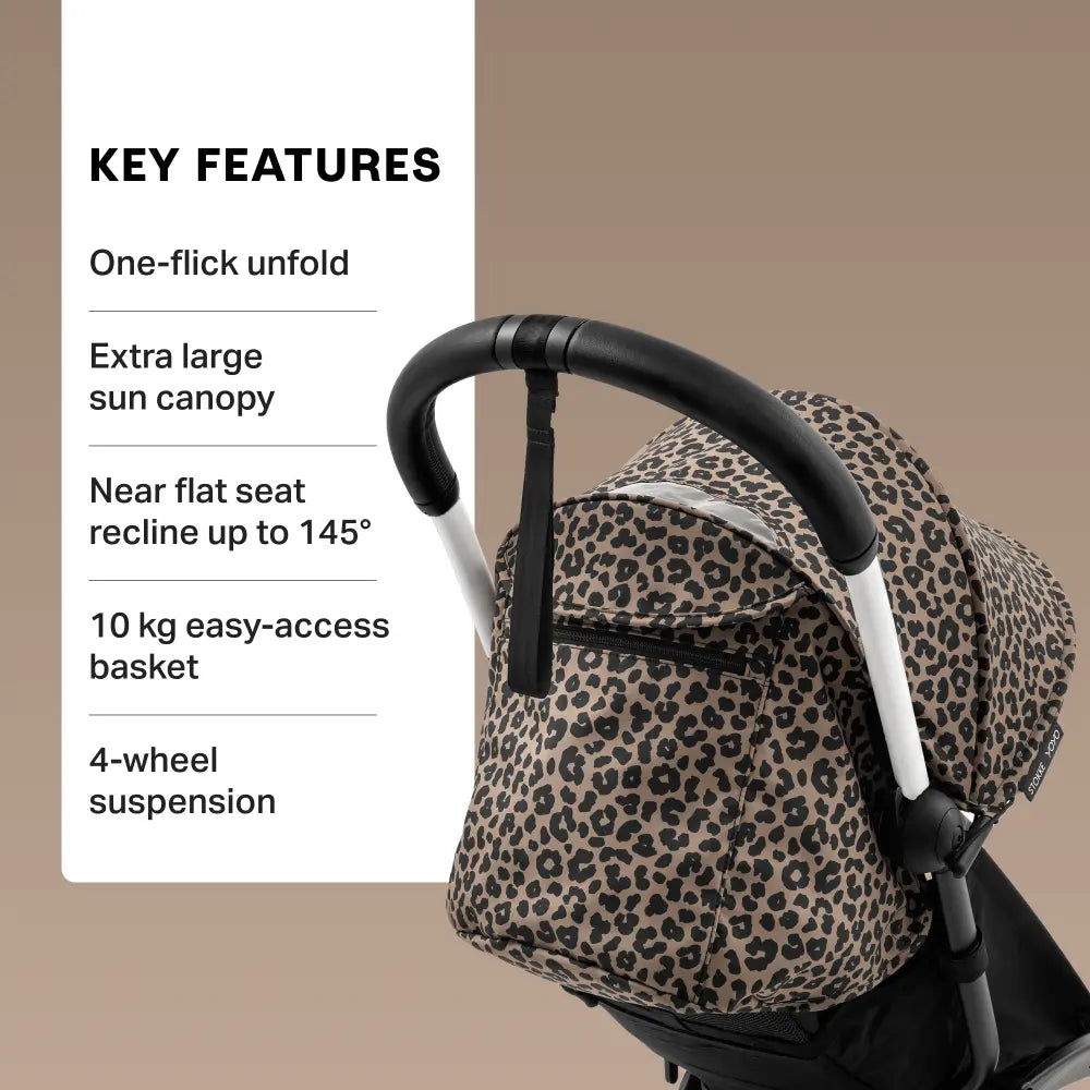 Stokke YOYO3 Stroller | Lightweight Compact Travel Stroller for Babies | Cabin Friendly &amp; Foldable | UPF 50+ Sun Protection | 5 Point Safety Harness | Award Winning Design | YOYO Stroller India | 6 Months to 4 Years – White/Leopard