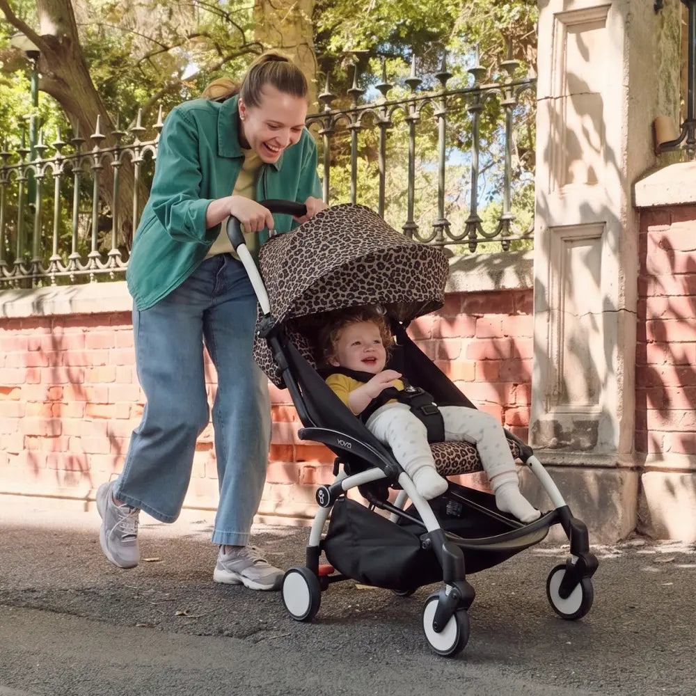 Stokke YOYO3 Stroller | Lightweight Compact Travel Stroller for Babies | Cabin Friendly &amp; Foldable | UPF 50+ Sun Protection | 5 Point Safety Harness | Award Winning Design | YOYO Stroller India | 6 Months to 4 Years – White/Leopard