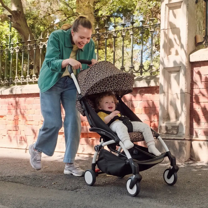Stokke YOYO3 Stroller | Lightweight Compact Travel Stroller for Babies | Cabin Friendly &amp; Foldable | UPF 50+ Sun Protection | 5 Point Safety Harness | Award Winning Design | YOYO Stroller India | 6 Months to 4 Years – White/Leopard