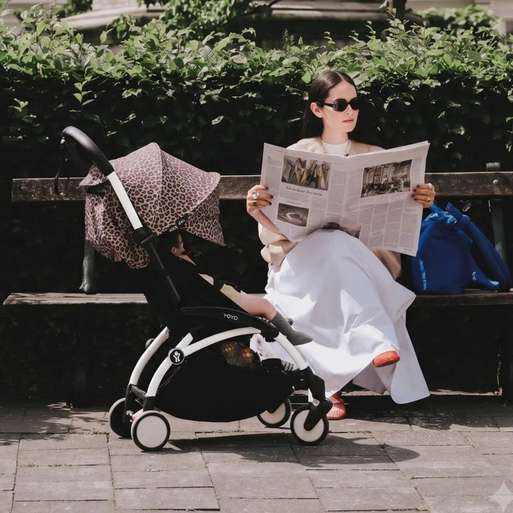 Stokke YOYO3 Stroller | Lightweight Compact Travel Stroller for Babies | Cabin Friendly &amp; Foldable | UPF 50+ Sun Protection | 5 Point Safety Harness | Award Winning Design | YOYO Stroller India | 6 Months to 4 Years – White/Leopard