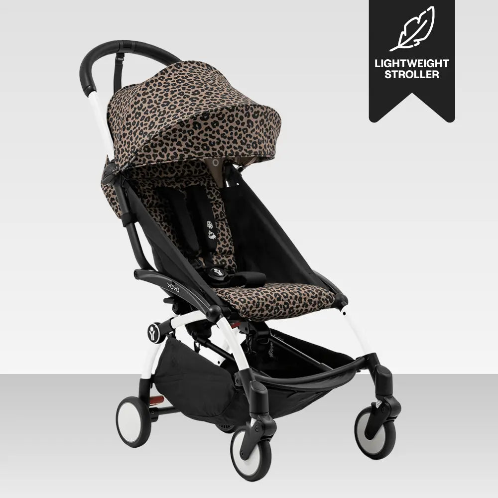 Stokke YOYO3 Stroller | Lightweight Compact Travel Stroller for Babies | Cabin Friendly &amp; Foldable | UPF 50+ Sun Protection | 5 Point Safety Harness | Award Winning Design | YOYO Stroller India | 6 Months to 4 Years – White/Leopard