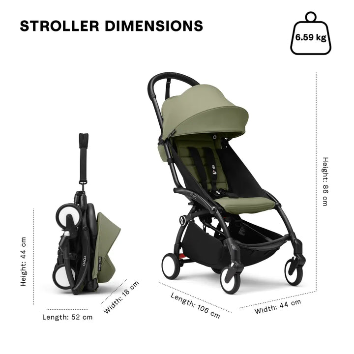 Stokke YOYO3 Stroller | Lightweight Compact Travel Stroller for Babies | Cabin Friendly &amp; Foldable | UPF 50+ Sun Protection | 5 Point Safety Harness | Award Winning Design | YOYO Stroller India | 6 Months to 4 Years - Black/Olive