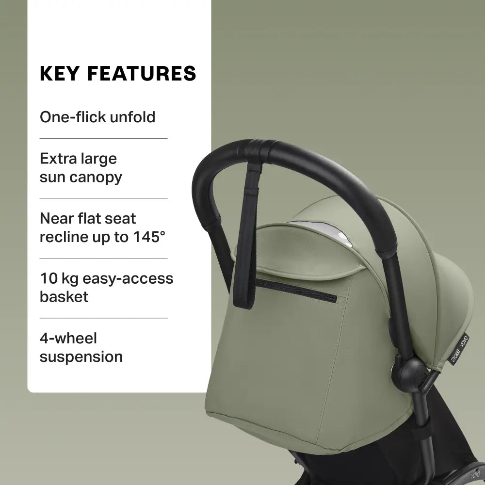 Stokke YOYO3 Stroller | Lightweight Compact Travel Stroller for Babies | Cabin Friendly &amp; Foldable | UPF 50+ Sun Protection | 5 Point Safety Harness | Award Winning Design | YOYO Stroller India | 6 Months to 4 Years - Black/Olive