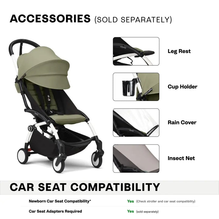 Stokke YOYO3 Stroller | Lightweight Compact Travel Stroller for Babies | Cabin Friendly &amp; Foldable | UPF 50+ Sun Protection | 5 Point Safety Harness | Award Winning Design | YOYO Stroller India | 6 Months to 4 Years – White/Olive