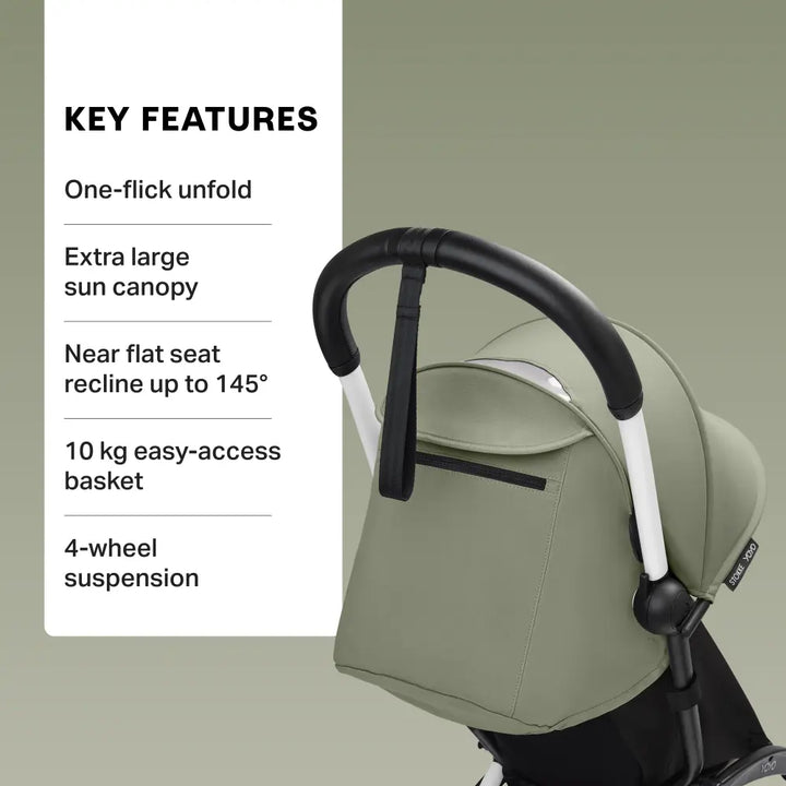 Stokke YOYO3 Stroller | Lightweight Compact Travel Stroller for Babies | Cabin Friendly &amp; Foldable | UPF 50+ Sun Protection | 5 Point Safety Harness | Award Winning Design | YOYO Stroller India | 6 Months to 4 Years – White/Olive