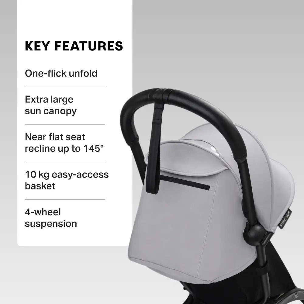 Stokke YOYO3 Stroller | Lightweight Compact Travel Stroller for Babies | Cabin Friendly &amp; Foldable | UPF 50+ Sun Protection | 5 Point Safety Harness | Award Winning Design | YOYO Stroller India | 6 Months to 4 Years - Black/Stone