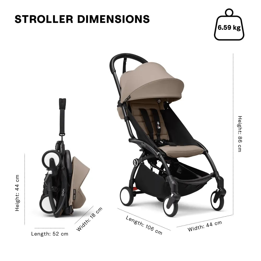 Stokke YOYO3 Stroller | Lightweight Compact Travel Stroller for Babies | Cabin Friendly &amp; Foldable | UPF 50+ Sun Protection | 5 Point Safety Harness | Award Winning Design | YOYO Stroller India | 6 Months to 4 Years - Black/Taupe
