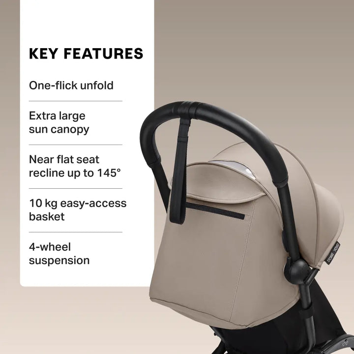 Stokke YOYO3 Stroller | Lightweight Compact Travel Stroller for Babies | Cabin Friendly &amp; Foldable | UPF 50+ Sun Protection | 5 Point Safety Harness | Award Winning Design | YOYO Stroller India | 6 Months to 4 Years - Black/Taupe