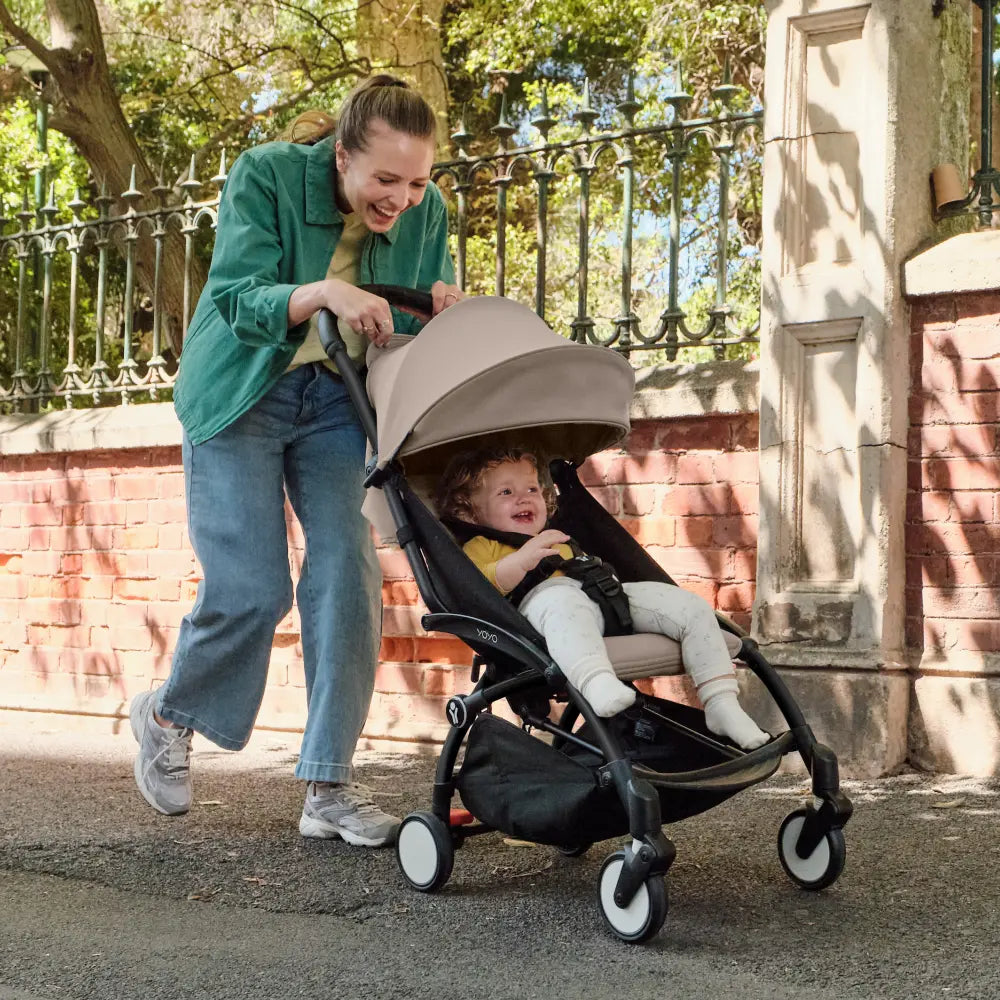 Stokke YOYO3 Stroller | Lightweight Compact Travel Stroller for Babies | Cabin Friendly &amp; Foldable | UPF 50+ Sun Protection | 5 Point Safety Harness | Award Winning Design | YOYO Stroller India | 6 Months to 4 Years - Black/Taupe