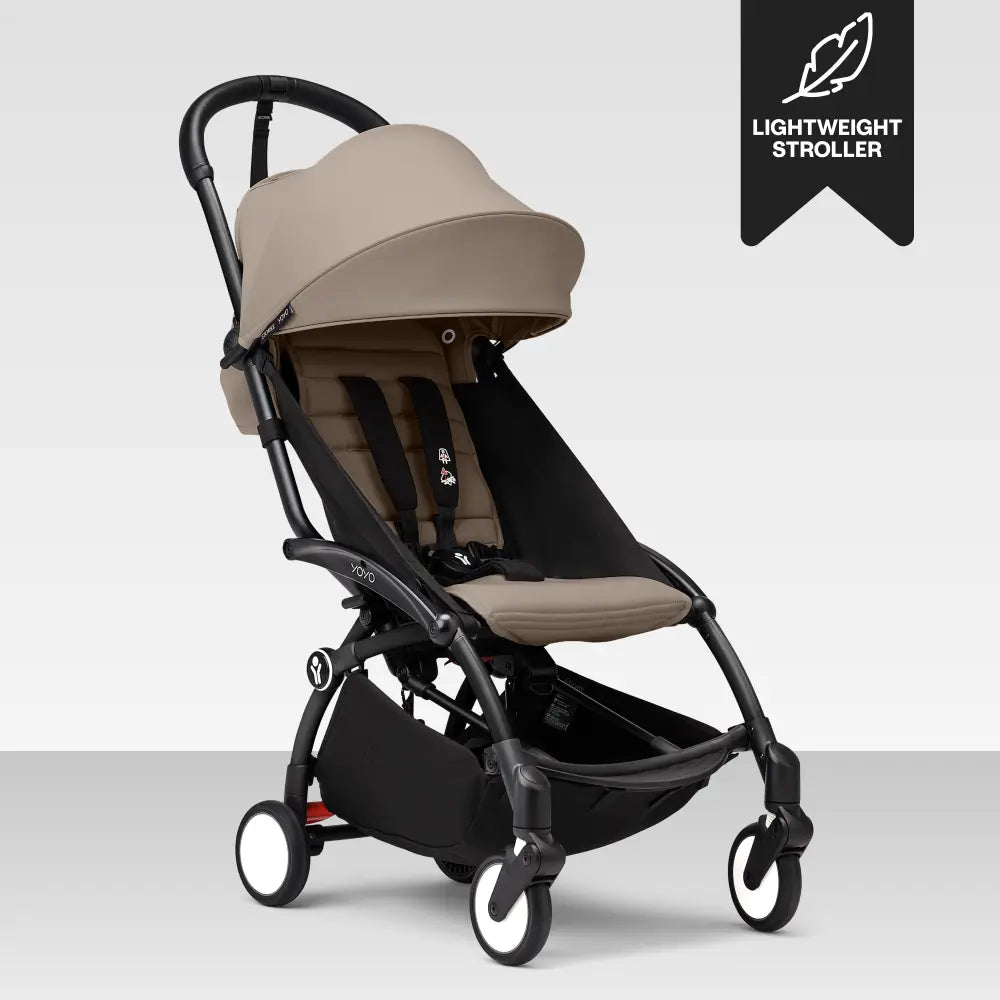 Stokke YOYO3 Stroller | Lightweight Compact Travel Stroller for Babies | Cabin Friendly &amp; Foldable | UPF 50+ Sun Protection | 5 Point Safety Harness | Award Winning Design | YOYO Stroller India | 6 Months to 4 Years - Black/Taupe