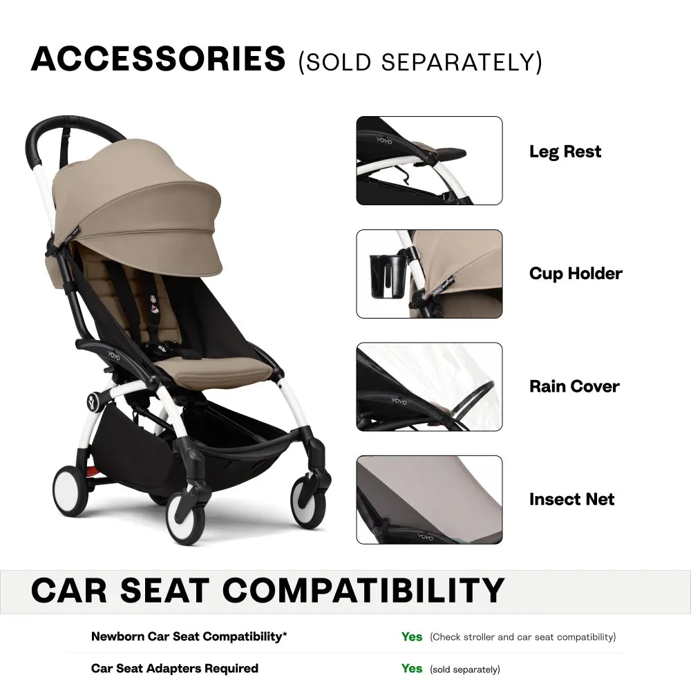 Stokke YOYO3 Stroller | Lightweight Compact Travel Stroller for Babies | Cabin Friendly &amp; Foldable | UPF 50+ Sun Protection | 5 Point Safety Harness | Award Winning Design | YOYO Stroller India | 6 Months to 4 Years – White/Taupe