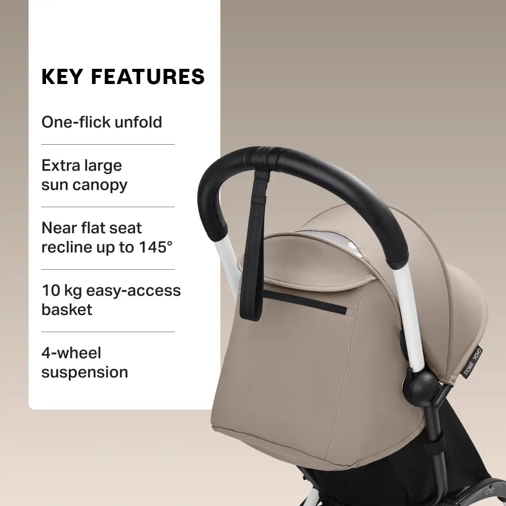 Stokke YOYO3 Stroller | Lightweight Compact Travel Stroller for Babies | Cabin Friendly &amp; Foldable | UPF 50+ Sun Protection | 5 Point Safety Harness | Award Winning Design | YOYO Stroller India | 6 Months to 4 Years – White/Taupe