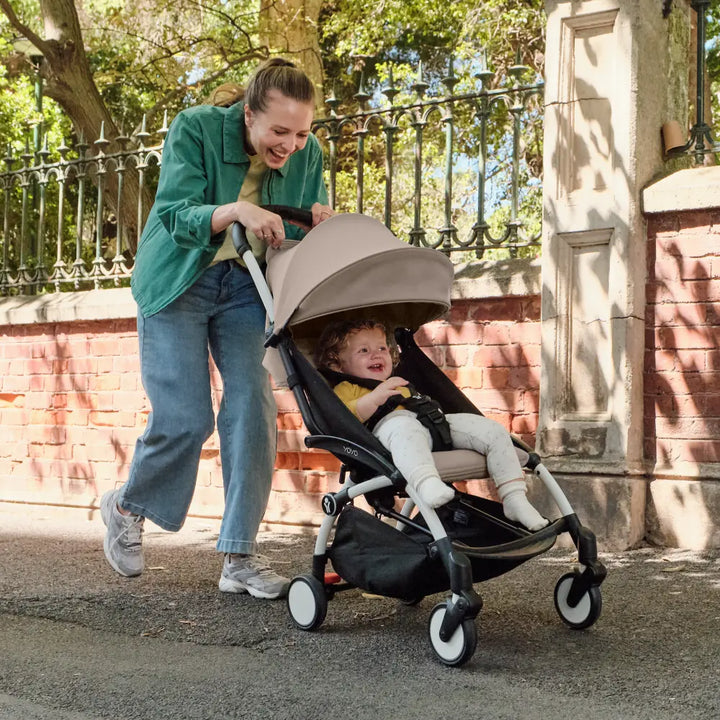 Stokke YOYO3 Stroller | Lightweight Compact Travel Stroller for Babies | Cabin Friendly &amp; Foldable | UPF 50+ Sun Protection | 5 Point Safety Harness | Award Winning Design | YOYO Stroller India | 6 Months to 4 Years – White/Taupe