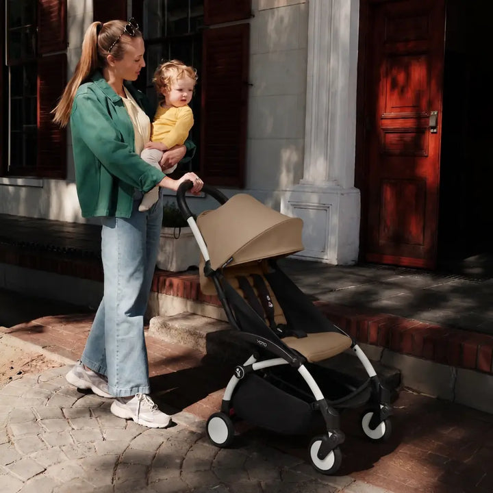 Stokke YOYO3 Stroller | Lightweight Compact Travel Stroller for Babies | Cabin Friendly &amp; Foldable | UPF 50+ Sun Protection | 5 Point Safety Harness | Award Winning Design | YOYO Stroller India | 6 Months to 4 Years – White/Taupe