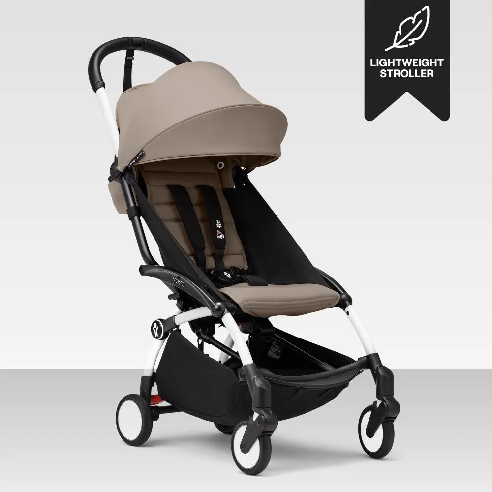 Stokke YOYO3 Stroller | Lightweight Compact Travel Stroller for Babies | Cabin Friendly &amp; Foldable | UPF 50+ Sun Protection | 5 Point Safety Harness | Award Winning Design | YOYO Stroller India | 6 Months to 4 Years – White/Taupe