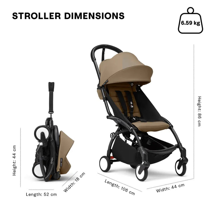 Stokke YOYO3 Stroller | Lightweight Compact Travel Stroller for Babies | Cabin Friendly &amp; Foldable | UPF 50+ Sun Protection | 5 Point Safety Harness | Award Winning Design | YOYO Stroller India | 6 Months to 4 Years - Black/Toffee
