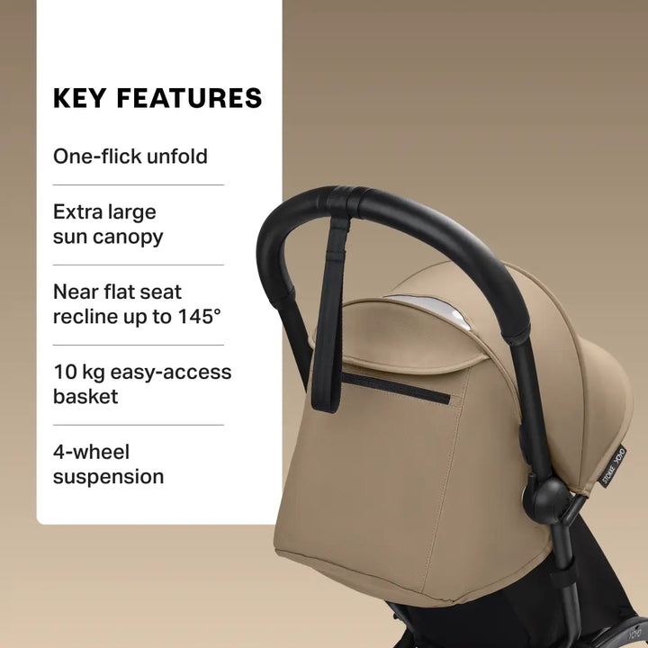 Stokke YOYO3 Stroller | Lightweight Compact Travel Stroller for Babies | Cabin Friendly &amp; Foldable | UPF 50+ Sun Protection | 5 Point Safety Harness | Award Winning Design | YOYO Stroller India | 6 Months to 4 Years - Black/Toffee
