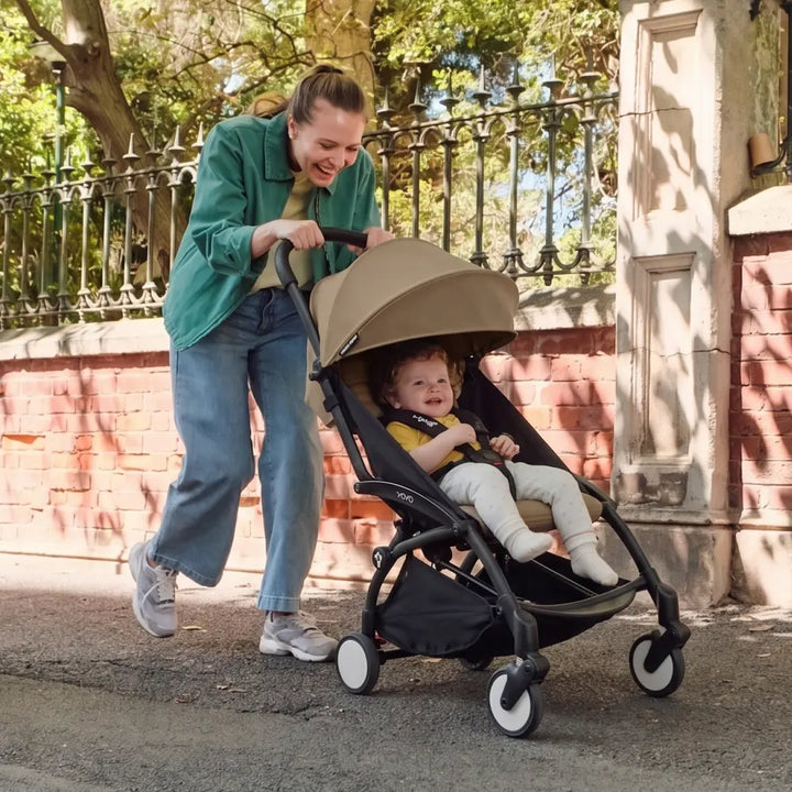 Stokke YOYO3 Stroller | Lightweight Compact Travel Stroller for Babies | Cabin Friendly &amp; Foldable | UPF 50+ Sun Protection | 5 Point Safety Harness | Award Winning Design | YOYO Stroller India | 6 Months to 4 Years - Black/Toffee