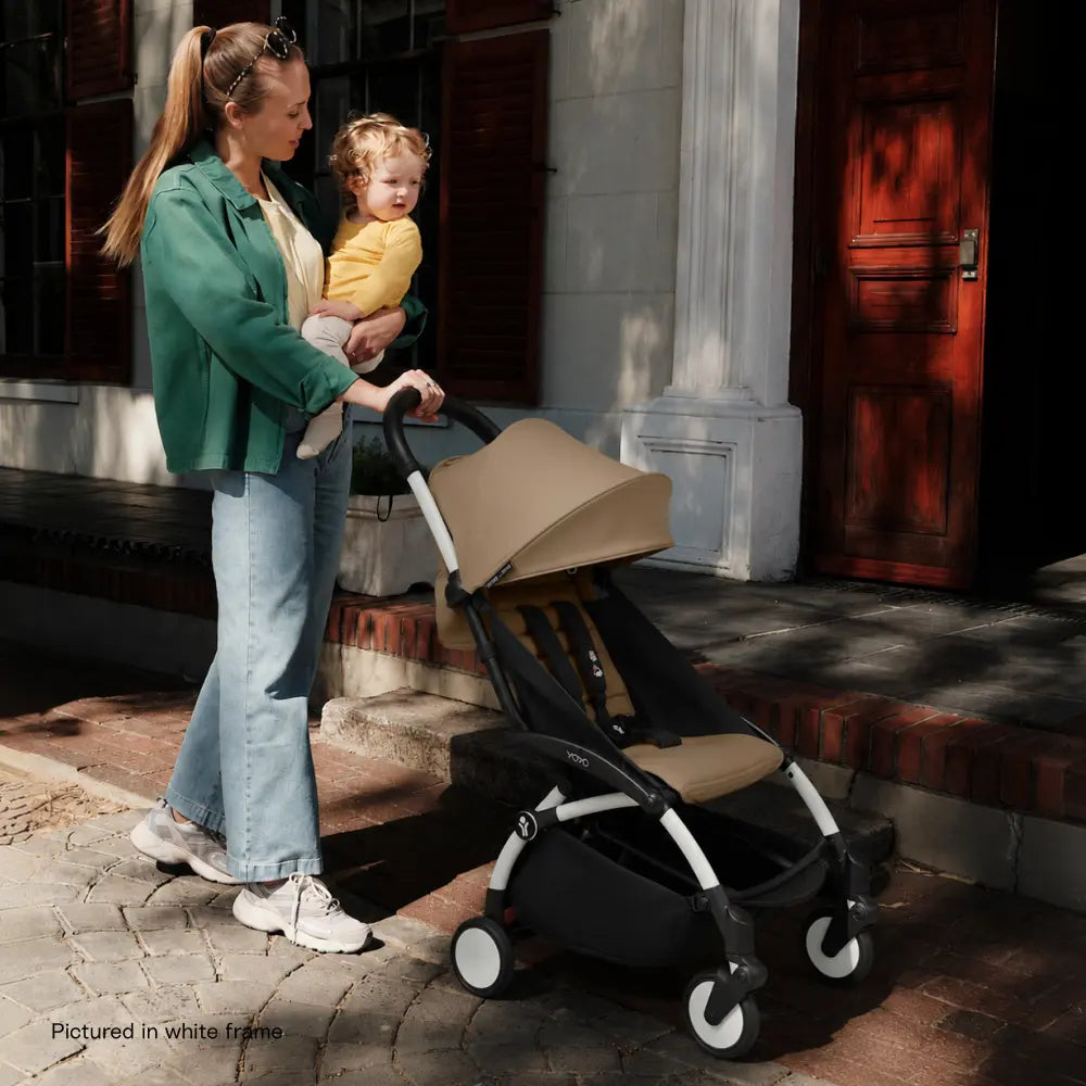 Stokke YOYO3 Stroller | Lightweight Compact Travel Stroller for Babies | Cabin Friendly &amp; Foldable | UPF 50+ Sun Protection | 5 Point Safety Harness | Award Winning Design | YOYO Stroller India | 6 Months to 4 Years - Black/Toffee