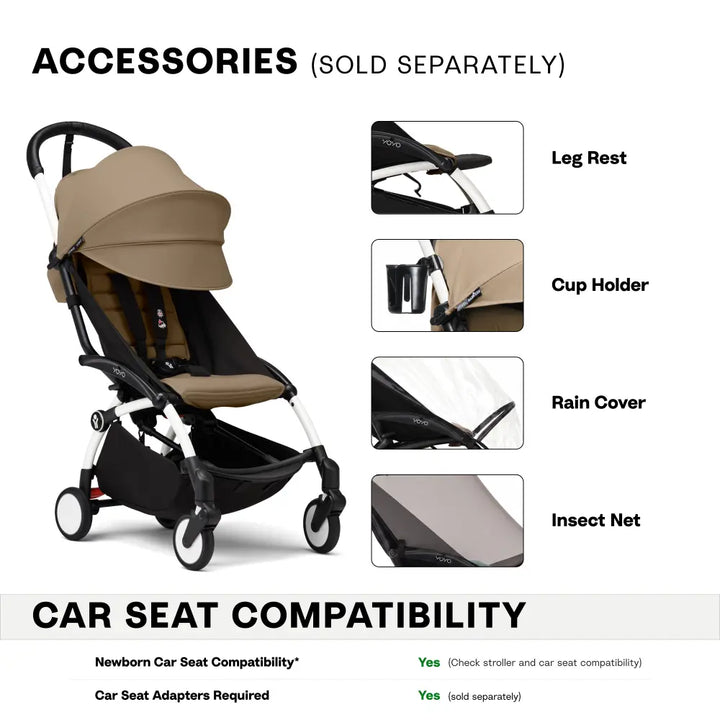 Stokke YOYO3 Stroller | Lightweight Compact Travel Stroller for Babies | Cabin Friendly &amp; Foldable | UPF 50+ Sun Protection | 5 Point Safety Harness | Award Winning Design | YOYO Stroller India | 6 Months to 4 Years – White/Toffee