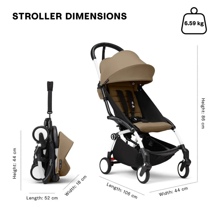 Stokke YOYO3 Stroller | Lightweight Compact Travel Stroller for Babies | Cabin Friendly &amp; Foldable | UPF 50+ Sun Protection | 5 Point Safety Harness | Award Winning Design | YOYO Stroller India | 6 Months to 4 Years – White/Toffee